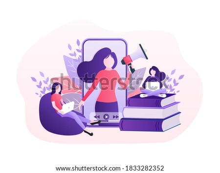 Live webcast in flat style with people. Listen to podcast. Flat illustration. Vector illustration.