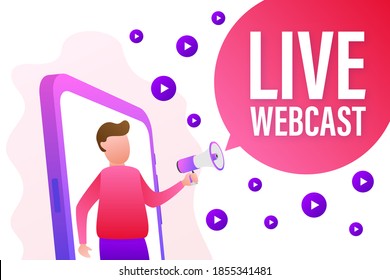 Live Webcast, megaphone no smartphone screen. Can be used for business concept. Vector stock illustration.