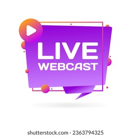 Signo de webcast en vivo. Plana, púrpura, webcast en vivo, botón de reproducción. Icono de vector