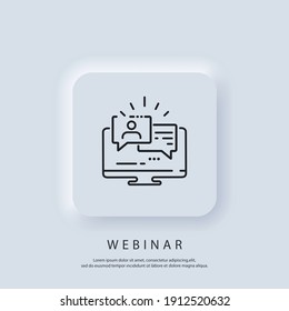 Live webinar banner. Watching on laptop online streaming, video training, seminar. Vector. UI icon. Neumorphic UI UX white user interface web button.