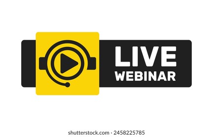 live webinar black yellow vector icon, play symbol in circle, online education translation sign, e-learning course pictogram