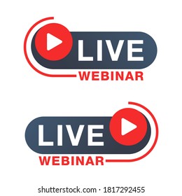 Live webinar button or banner element - catchy decorative frame with Play button and text - isolated template