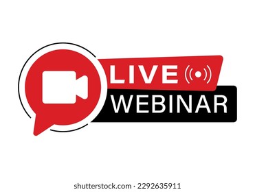 Live webinar. Live webinar button or banner element. Symbol, button of live streaming, broadcasting, online stream emblem. Webinar sign