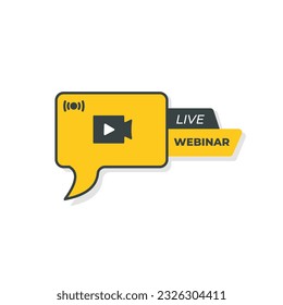 Live-Webinar-Button. Schwarz-Gelb-Farben. Webinar live virtuell. Live-Übertragungstaste. Symbol für Online-Treffen. Webinare in sozialen Netzwerken. Live-Streaming-Logo. Das Hotel ist im flachen Stil eingerichtet, isoliert.