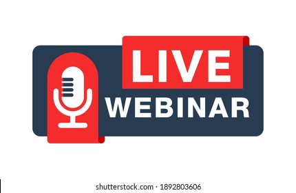 Botón o bloque de webinar en vivo para banner - cuadro de diálogo pegadizo con botón de micrófono y texto - plantilla aislada