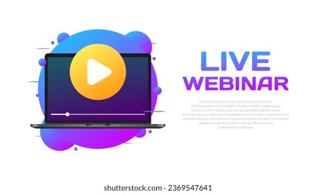 botón de webinar en vivo. Puro, púrpura, botón de reproducción en un portátil, botón de webinar en vivo, jugar en un portátil. Icono de vector
