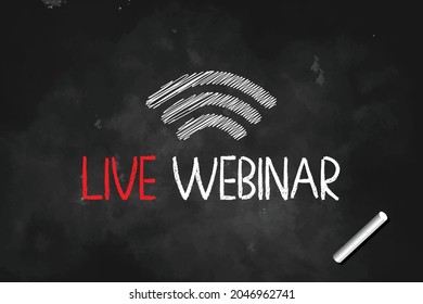Botón Webinar en vivo, icono dibujado con tiza blanca en la ilustración de diseño del logo de la pizarra 
