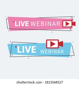 Botón Webinar en vivo, icono, etiqueta emblema Icono de vector, placa lineal plana y banner, desplazamiento, pegatina, cinta, embema, fondo, afiche.