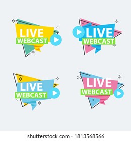 Botón Webinar en vivo, icono, etiqueta emblema Icono de vector, placa lineal plana y banner, desplazamiento, pegatina, cinta, embema, fondo, afiche.
