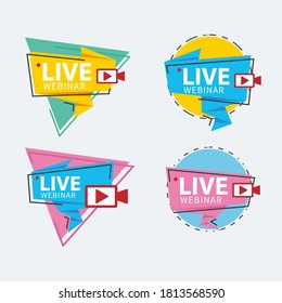 Live Webinar Button, Icon, Emblem Label Vektorgrafik flache lineare Abzeichen und Banner, Scroll, Aufkleber, Band, Embem, Hintergrund, Poster.