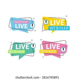 Live Webinar Button, Icon, Emblem Label Vektorgrafik flache lineare Abzeichen und Banner, Scroll, Aufkleber, Band, Embem, Hintergrund, Poster.