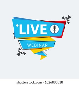 Botón Webinar en vivo, icono, emblema etiqueta gradiente Vector ilustración de placa lineal plana y banner, desplazamiento, pegatina, cinta, embema, afiche.