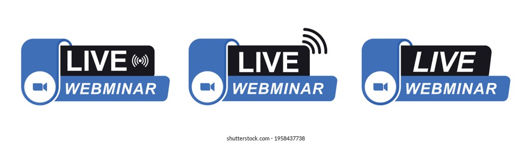 Icono de botón Webinar en vivo, streaming de vídeo en directo, videoconferencia, comunicación de transmisión a distancia, reunión de trabajo a distancia, medios de aprendizaje en Internet, ilustración vectorial