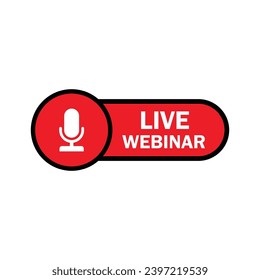 Botón Webinar en vivo, logotipo del curso en línea. Cartel para la transmisión de la conferencia. Transmisión de webinar en vivo. Icono para el evento en línea. Botón para difusión virtual. Diseño de vectores