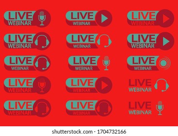 Live webinar button. Set of color symbols and buttons of live streaming, broadcasting, online stream. Webinar icons with headphones and microphone, isolated on red background. Vector