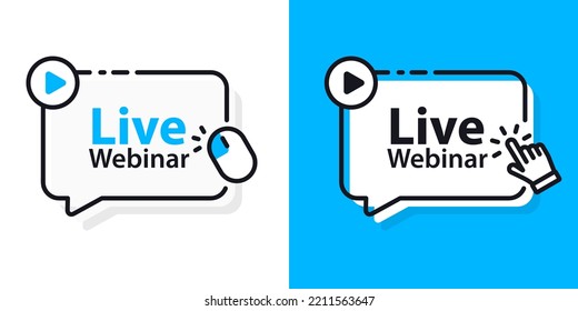 Live webinar button. Video internet conference icon. Internet education. Online meeting. Social media webinar. Live video streaming. Broadcast. Concept of virtual resources, video call, remote work