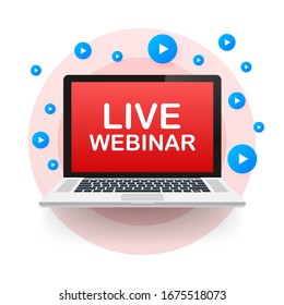 Live webinar for concept design. Digital banner. Virtual concept. Video play button symbol. Vector stock illustration.