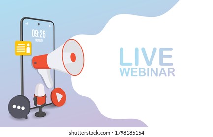 Live webinar for concept design. Digital banner. Virtual concept. Video play button symbol. Vector stock illustration.
