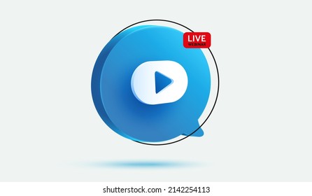 Live Webinar icon with blue message bubble Play video button. Media player sign or symbol , emblem. Live Webinar label. 3d Vector illustration style