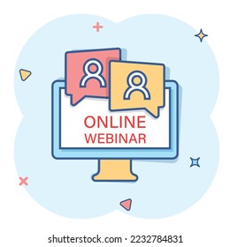 Live webinar icon in comic style. Online training cartoon vector illustration on isolated background. Conference stream splash effect sign business concept.