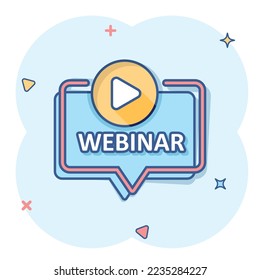 Live webinar icon in comic style. Online training cartoon vector illustration on isolated background. Conference stream splash effect sign business concept.