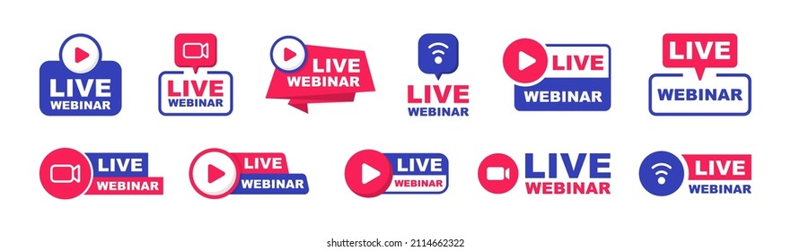 Live Webinar icon set. Live streaming icon set. Live stream logo. Video conference icon. Live broadcast button. Online meeting icon. Social media webinar. Vector illustration.
