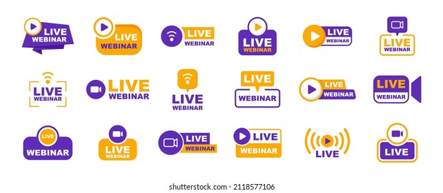 Live Webinar icon set. Live streaming icon set. Live stream logo. Video conference icon. Live broadcast button. Online meeting icon. Social media webinar. Vector illustration.