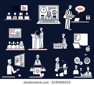 No. Iconos de webinar en vivo para Web y App móvil. Contiene conferencia, reunión de negocios, aula, equipo, entrevista, conferencia, trabajo, discusión y más 
