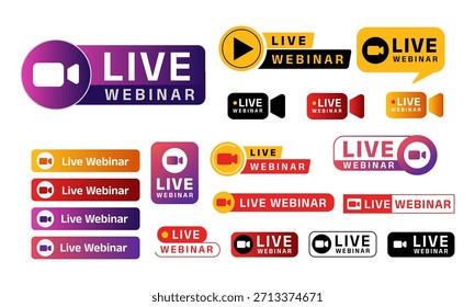 Ilustración vectorial Video de etiquetas de seminario web en vivo y distintivos de transmisión – Conjunto de iconos de conferencia para eventos en línea y transmisión en vivo