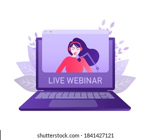 Live webinar laptop people. Laptop, video tutorial. Computer screen. Online school. Video conference illustration. Internet technology. Online education icon.