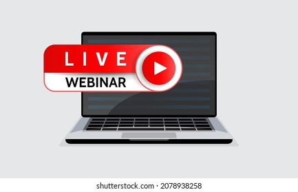 Live webinar, lecture play online button. Laptop notebook computer screen. Vector illustration. design element