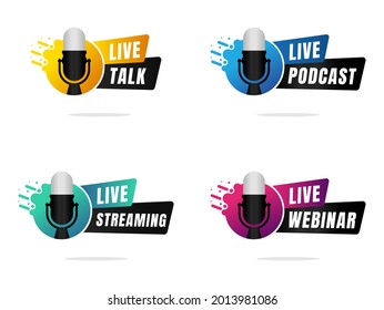 live webinar logo bundle with microphone isolated on white.video internet conference icon and button. internet live streaming on podcast program. telecommunications, remote network, digital education