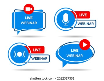 Live Webinar Logos. Education Video Chat Icons For Business, Virtual Workshop Vector Signs, Zoom Communication Seminar Images, Website Livestream Courses, Digital Training Broadcasting