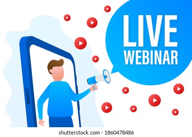 Live webinar, megaphone no smartphone screen. Can be used for business concept. Vector stock illustration.