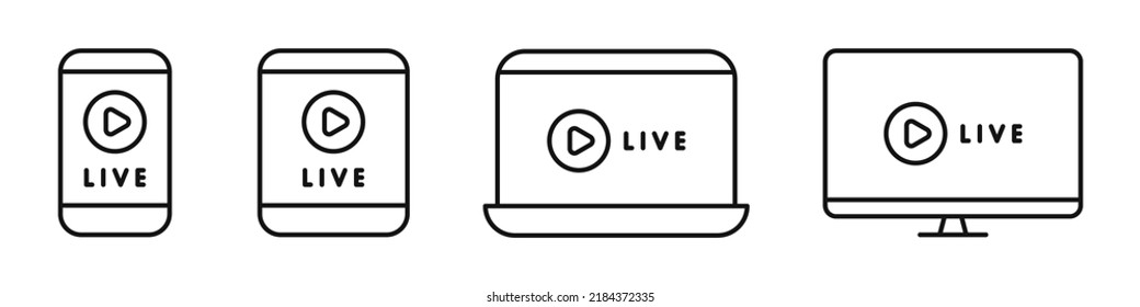 Live Webinar On Gadget Screens. Icon Set. Live Broadcast On The Screen Of A Smartphone, Tablet, Laptop And Pc. Online Conference. Virtual Meeting. Vector Illustration