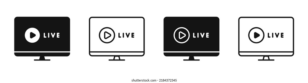 Live Webinar On Pc Screen. Icon Set. Live Stream. Online Conference. Virtual Meeting. Vector Illustration