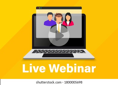 Live Webinar. Online conference. Group of coworkers taking part in video conference. Online technology distance communication. Study education. Team meeting. Online Remote work internet learning