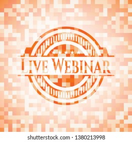 Live Webinar orange tile background illustration. Square geometric mosaic seamless pattern with emblem inside.
