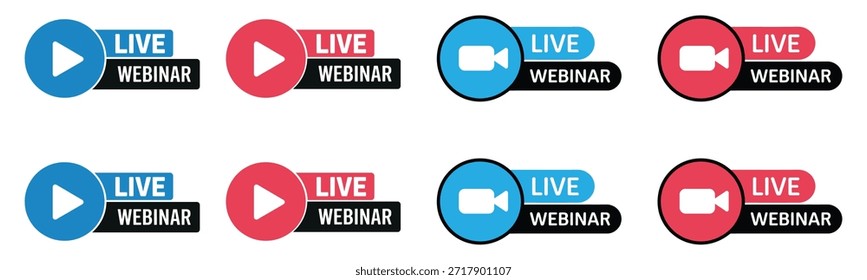 Reproducción de seminarios web en vivo e insignias de icono de cámara para eventos de transmisión en línea y transmisiones virtuales
