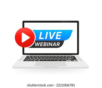 Live webinar play online button in Laptop notebook computer screen. Concept of Online video, movie, education, web course webinar, training, video tutorial. Vector illustration