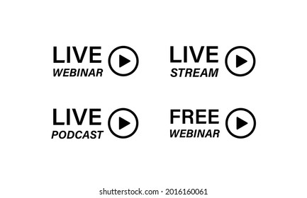 Webinar en vivo y podcast con botón de reproducción para noticias y transmisión en línea. Ilustración vectorial aislada en fondo blanco.