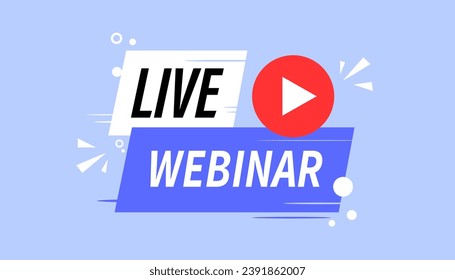 Live-Webinar-Schild. Flat, blau, Play-Button, Live-Webinar-Symbol. Vektorsymbol