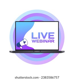 Signo de webinar en vivo. Pantalla plana, púrpura, portátil, señal de seminarios web en vivo en la pantalla del portátil. Icono de vector