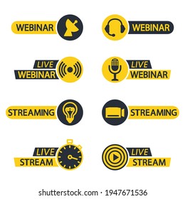 Live webinar and stream button icons. Flat icons for video conference, webinar, Video chats, online course, distance education, video lecture, conference, live streaming. Broadcasting in real time