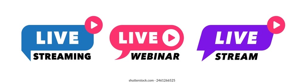 Live webinar and live streaming badges design with play button. Design concept for online meeting, conference, education and learning. Modern flat style vector illustration.