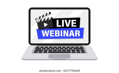 Webinar en vivo. Transmisión en vivo. Tutoriales de video. Portátil con banner Live Webinar y tableros de cierre juegan botones. Seminario web, seminario, educación a distancia en línea, videoconferencia, conferencia, trabajo desde casa