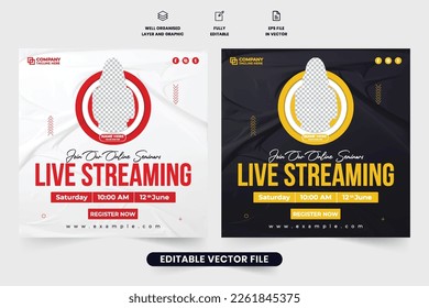 Live webinar template design with dark and white backgrounds for social media marketing. Online seminar live streaming announcement web banner vector. Webinar social media post vector.