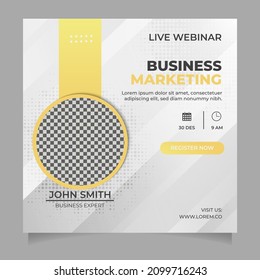 Live webinar template, social media post template. Digital marketing for business promotion banner with photo collage white background shape.