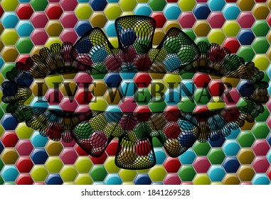 Live Webinar text inside Linear currency Colorful candy realistic emblem. Hexagon delicate background. Illustration. 