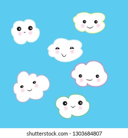 live white clouds with faces - eyes and smile, kawaii